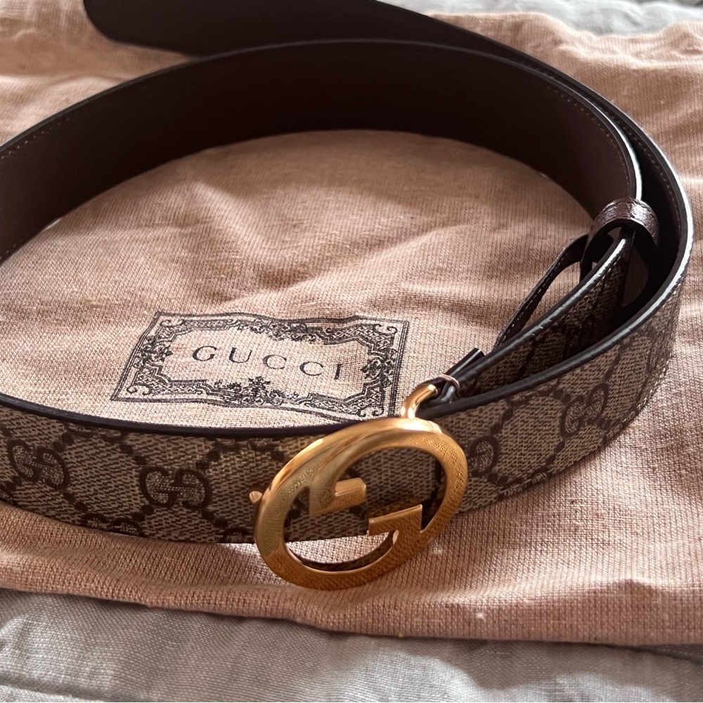 Gucci Brown GG Canvas Belt with Gold Double G Buckle (Monogram) - Picture 2 of 16